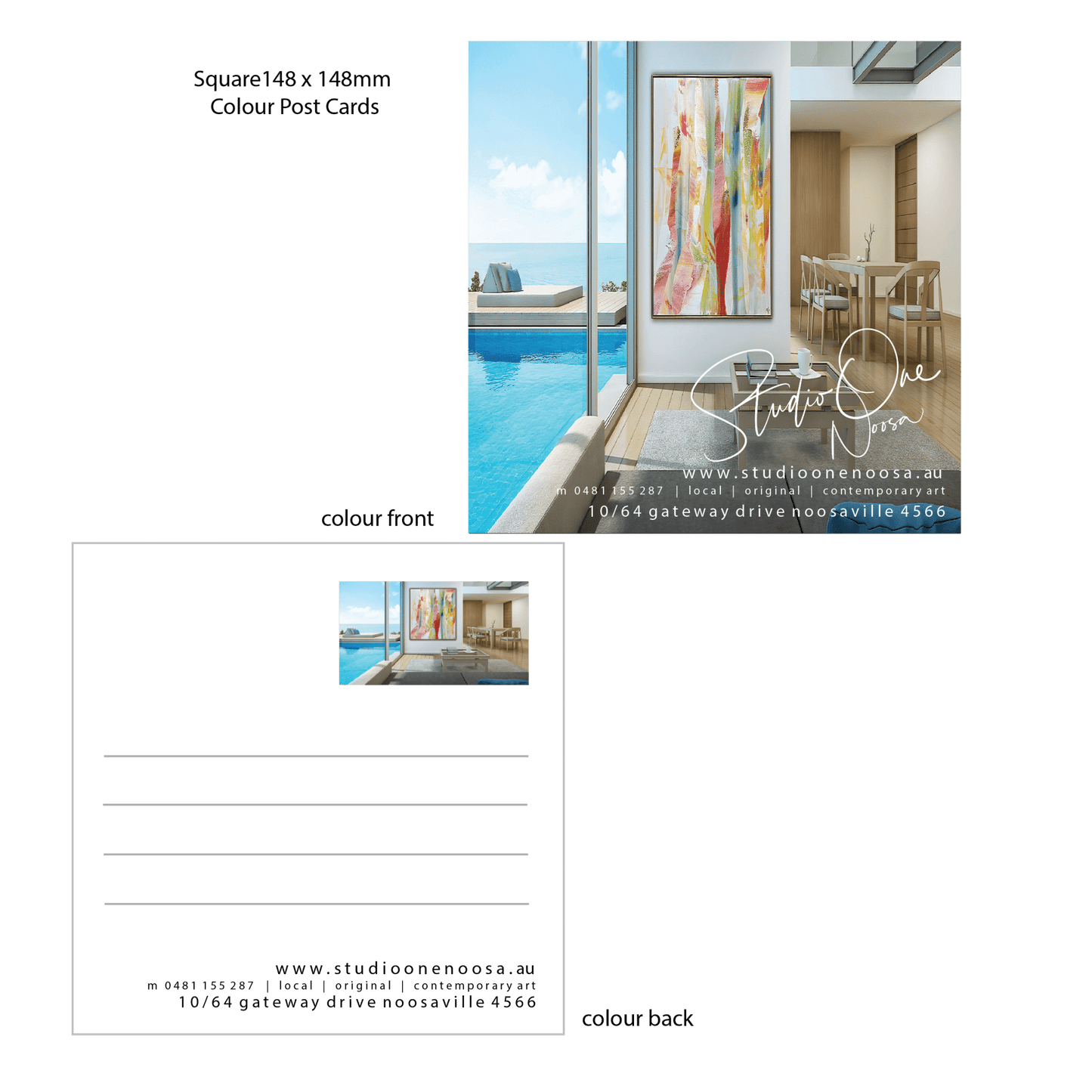 Square Post Cards 148 x 148 on 300gsm Satin or Laminated Card Stock - Studio One Noosa